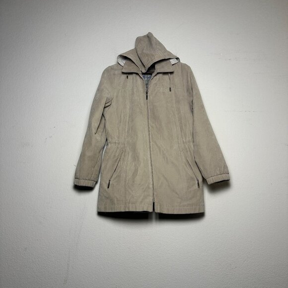 Gallery Petite Beige Brown Hooded Coat Jacket Women P Outerwear Nylon Rain Plaid - Picture 1 of 15